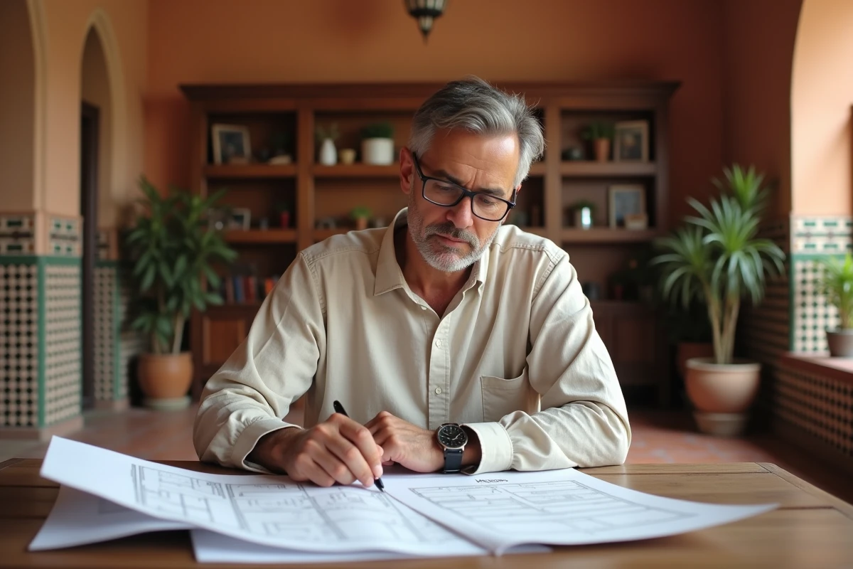 Un Français examine des documents immobiliers dans une agence à Marrakech avec décor traditionnel marocain en zellige et arches
