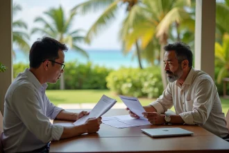 Acheteur occidental et agent immobilier thaïlandais examinant des documents de propriété sur une terrasse tropicale à Koh Samui