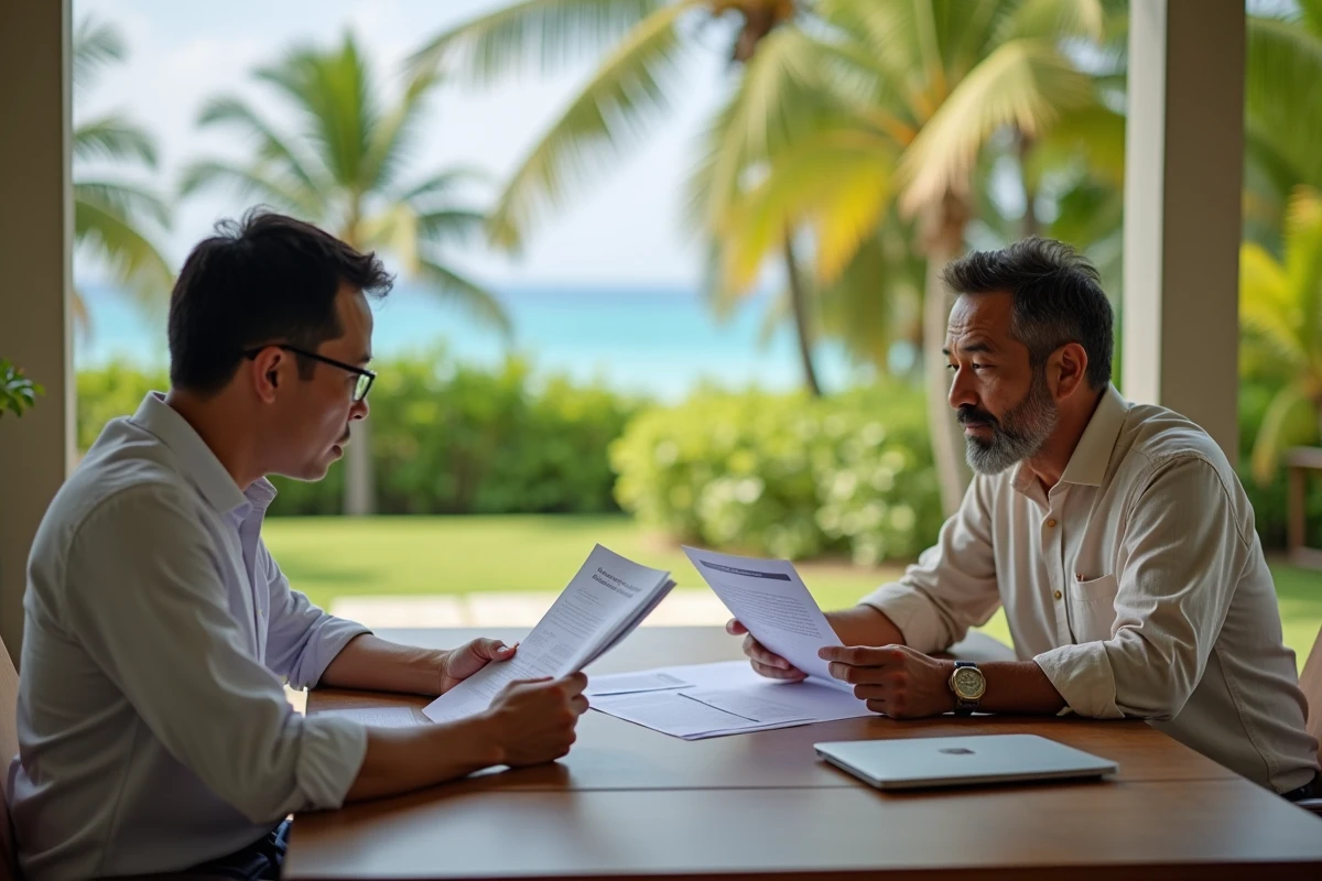 Acheteur occidental et agent immobilier thaïlandais examinant des documents de propriété sur une terrasse tropicale à Koh Samui
