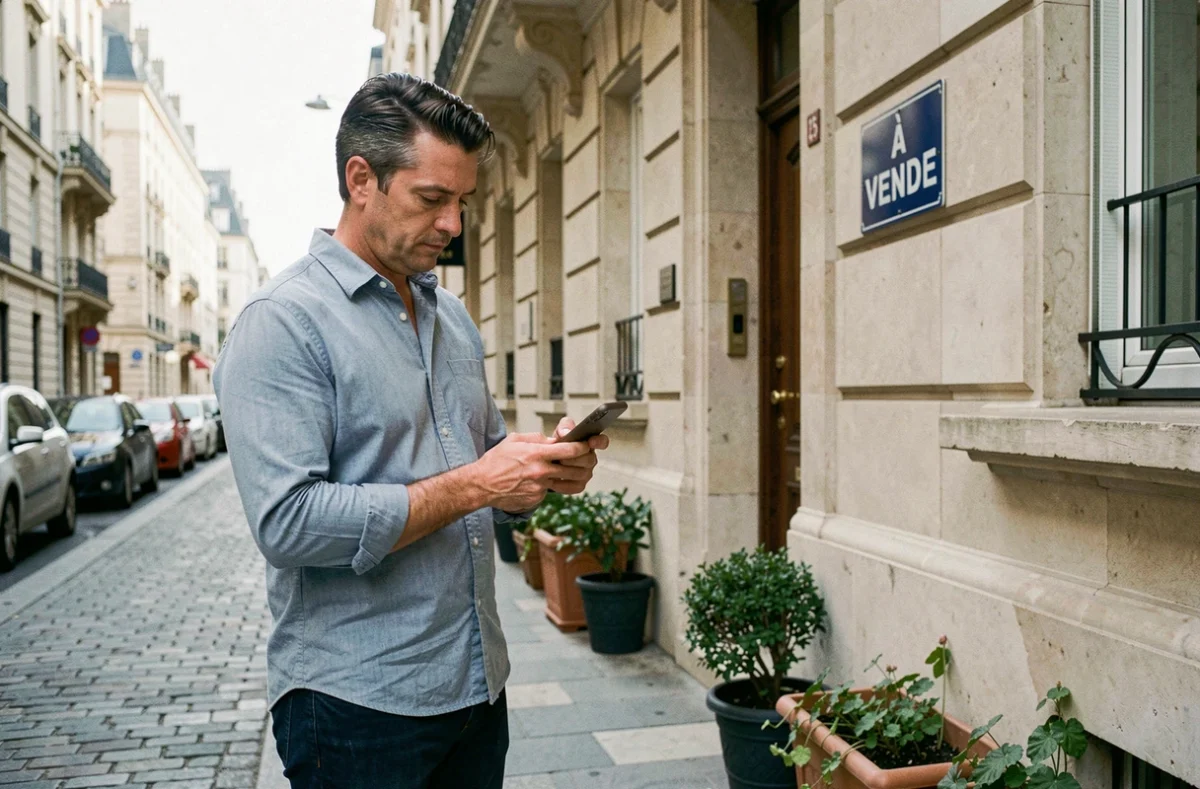 Acheteur consultant une application immobilière devant un appartement à vendre en 2026