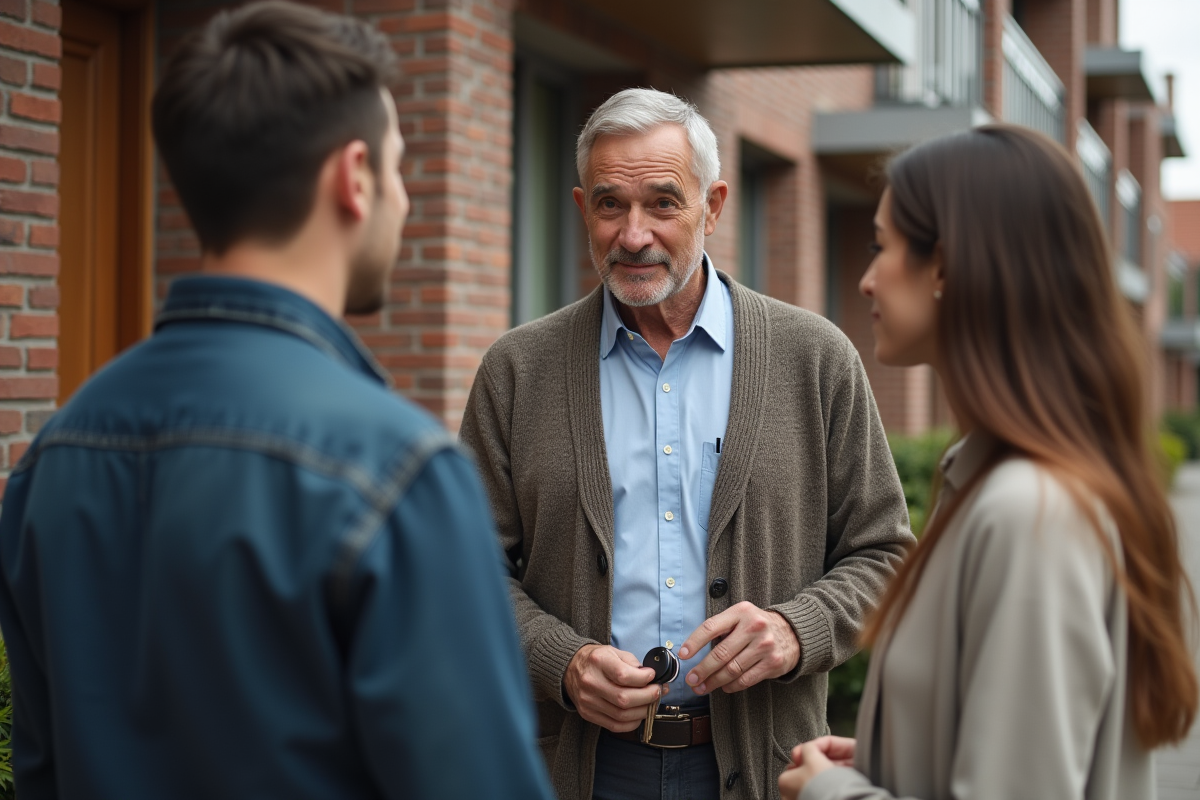 Agent immobilier tenant des clés devant un immeuble résidentiel