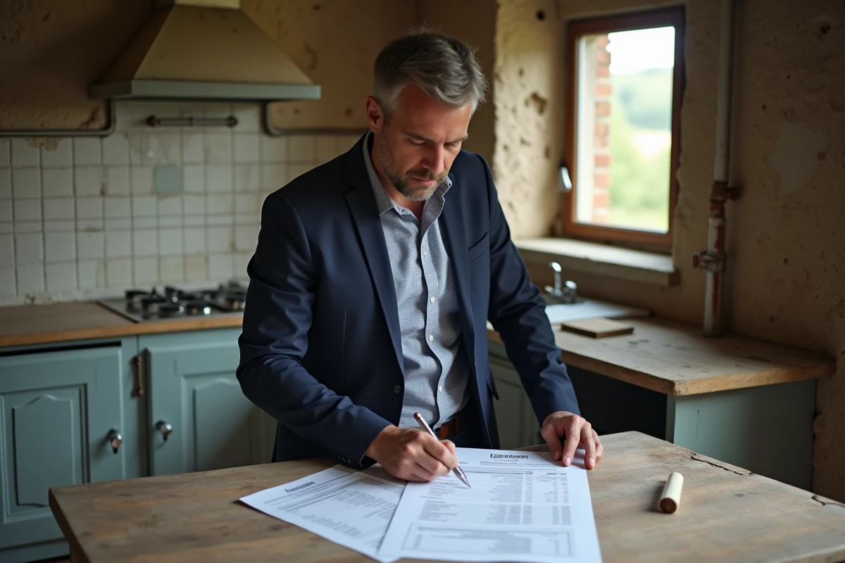 Agent immobilier présentant un devis de rénovation dans la cuisine désuète d'une résidence secondaire à vendre