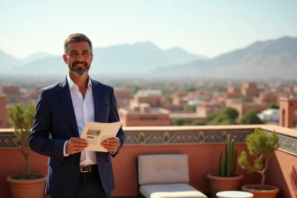 Agent immobilier marocain présentant un appartement à vendre à Marrakech avec vue sur les toits et les montagnes de l'Atlas