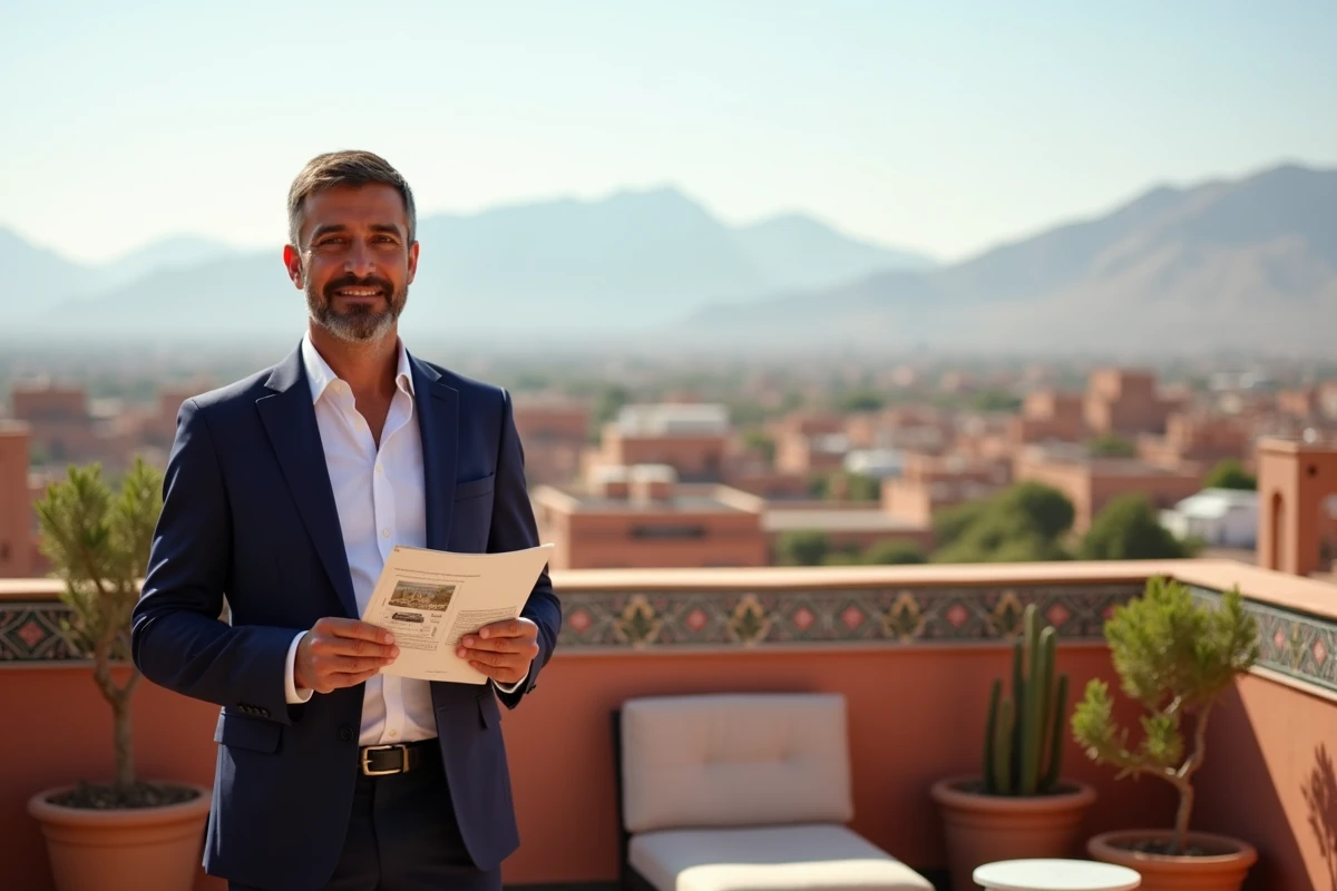 Agent immobilier marocain présentant un appartement à vendre à Marrakech avec vue sur les toits et les montagnes de l'Atlas
