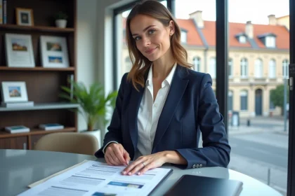 Agent immobilier professionnelle à Lyon évaluant des documents d'estimation de loyer dans une agence moderne avec vue sur la ville