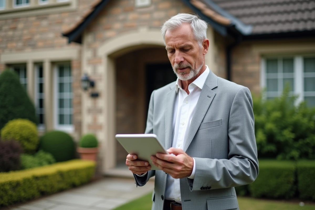 Agent immobilier consultant une estimation de bien sur tablette devant une maison résidentielle