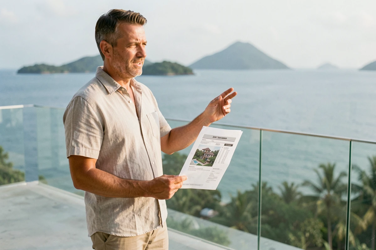 Agent immobilier présentant une estimation de villa avec vue mer sur une terrasse à Koh Samui