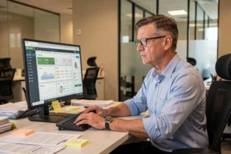 Agent immobilier analysant les limites d'un logiciel immobilier sur son écran d'ordinateur dans une agence moderne