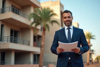 Agent immobilier marocain professionnel devant un immeuble résidentiel en construction à Marrakech, illustrant l'investissement immobilier clé en main au Maroc