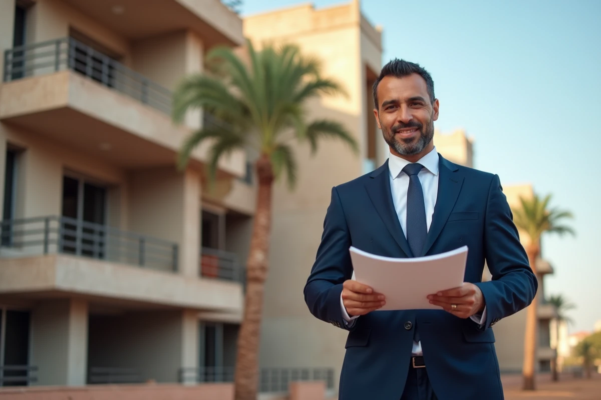 Agent immobilier marocain professionnel devant un immeuble résidentiel en construction à Marrakech, illustrant l'investissement immobilier clé en main au Maroc