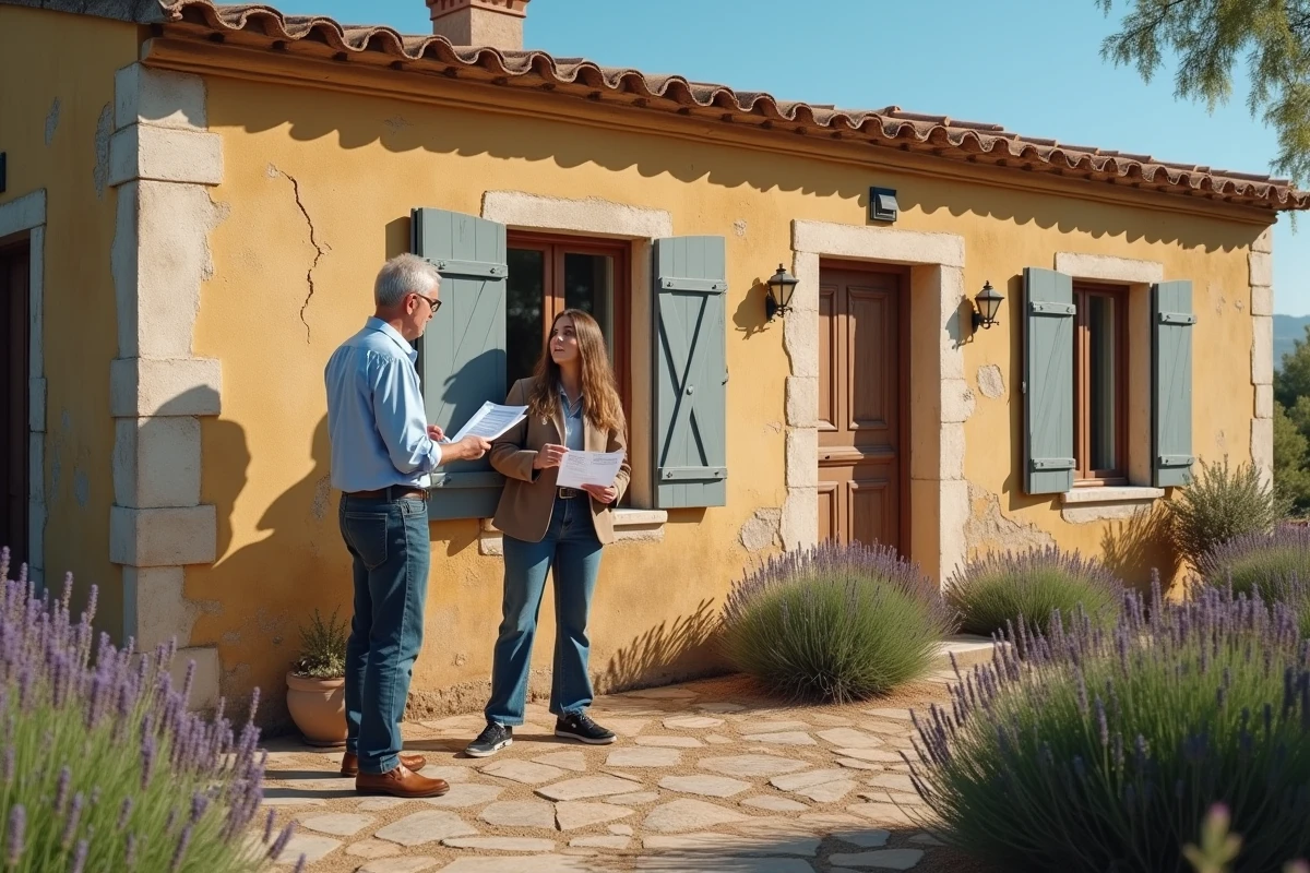 Agent immobilier montrant des fissures sur la façade d'un mas provençal à un couple lors d'une visite dans le sud de la France