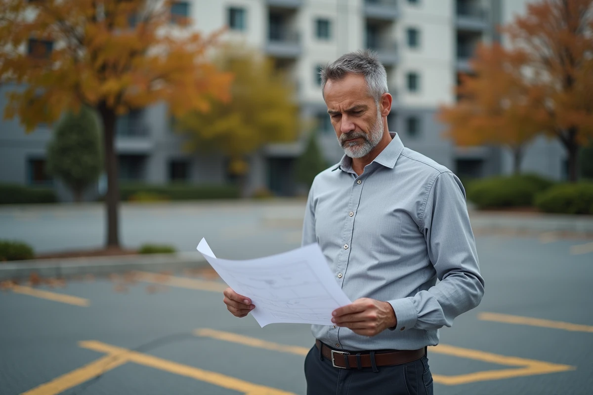 Agent immobilier mesurant les dimensions d'une place de parking extérieure avec un mètre ruban pour vérifier la conformité aux normes