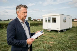 Agent immobilier présentant une parcelle de terrain avec mobil-home en Vendée, tenant des documents de vente