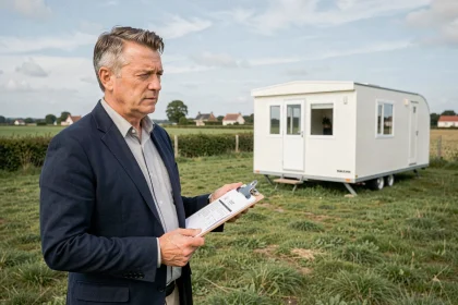 Agent immobilier présentant une parcelle de terrain avec mobil-home en Vendée, tenant des documents de vente