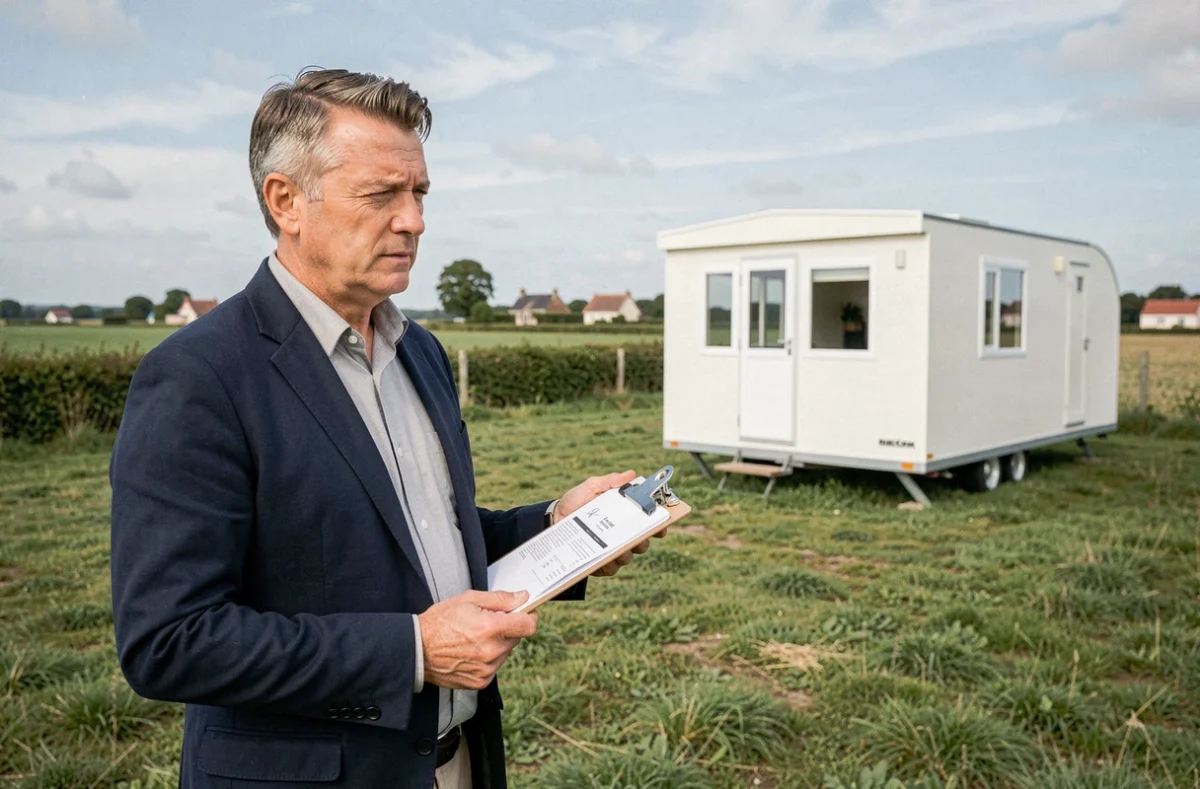 Agent immobilier présentant une parcelle de terrain avec mobil-home en Vendée, tenant des documents de vente