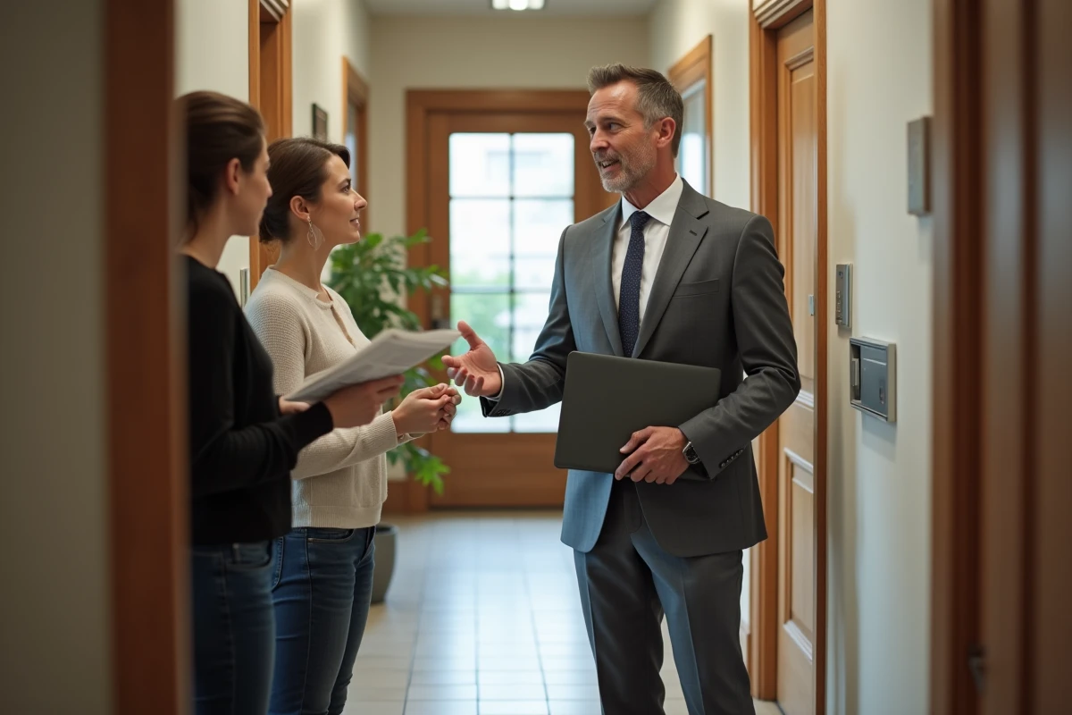 Agent immobilier expliquant un contrat à un couple dans un couloir d