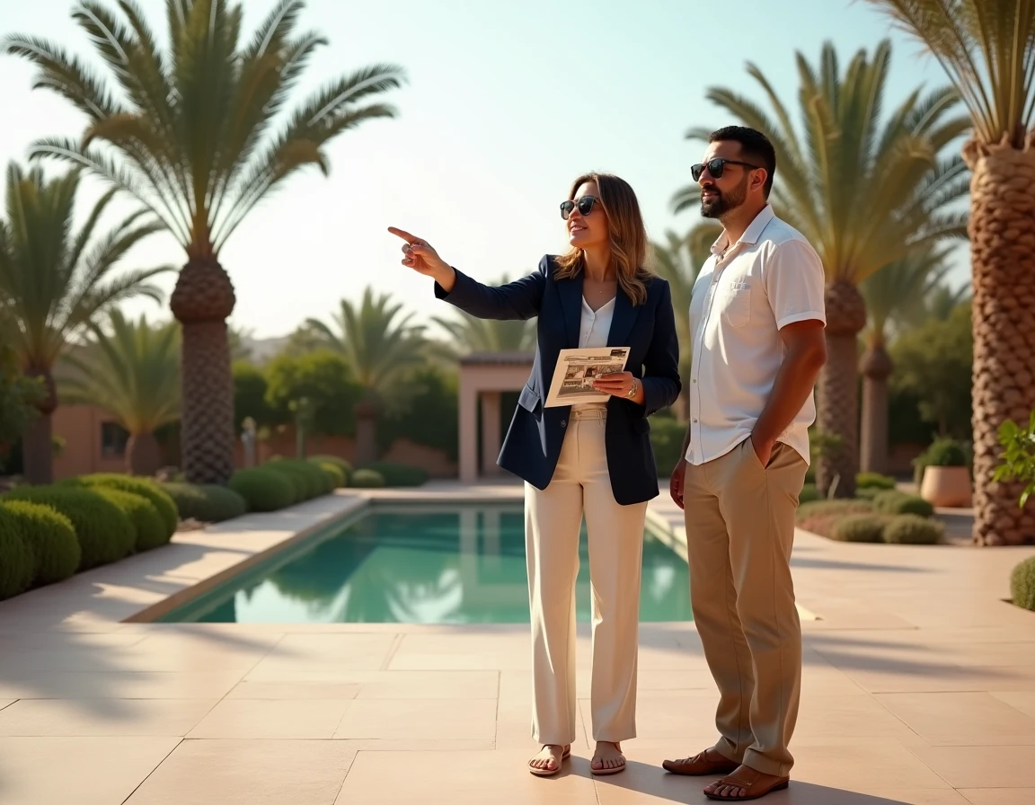 Agent immobilier présentant une villa à vendre à Marrakech dans le quartier de la Palmeraie à des acheteurs