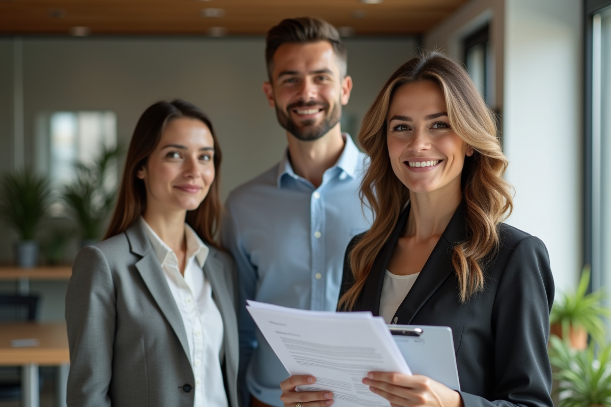 Agent immobilier femme avec couple dans agence moderne