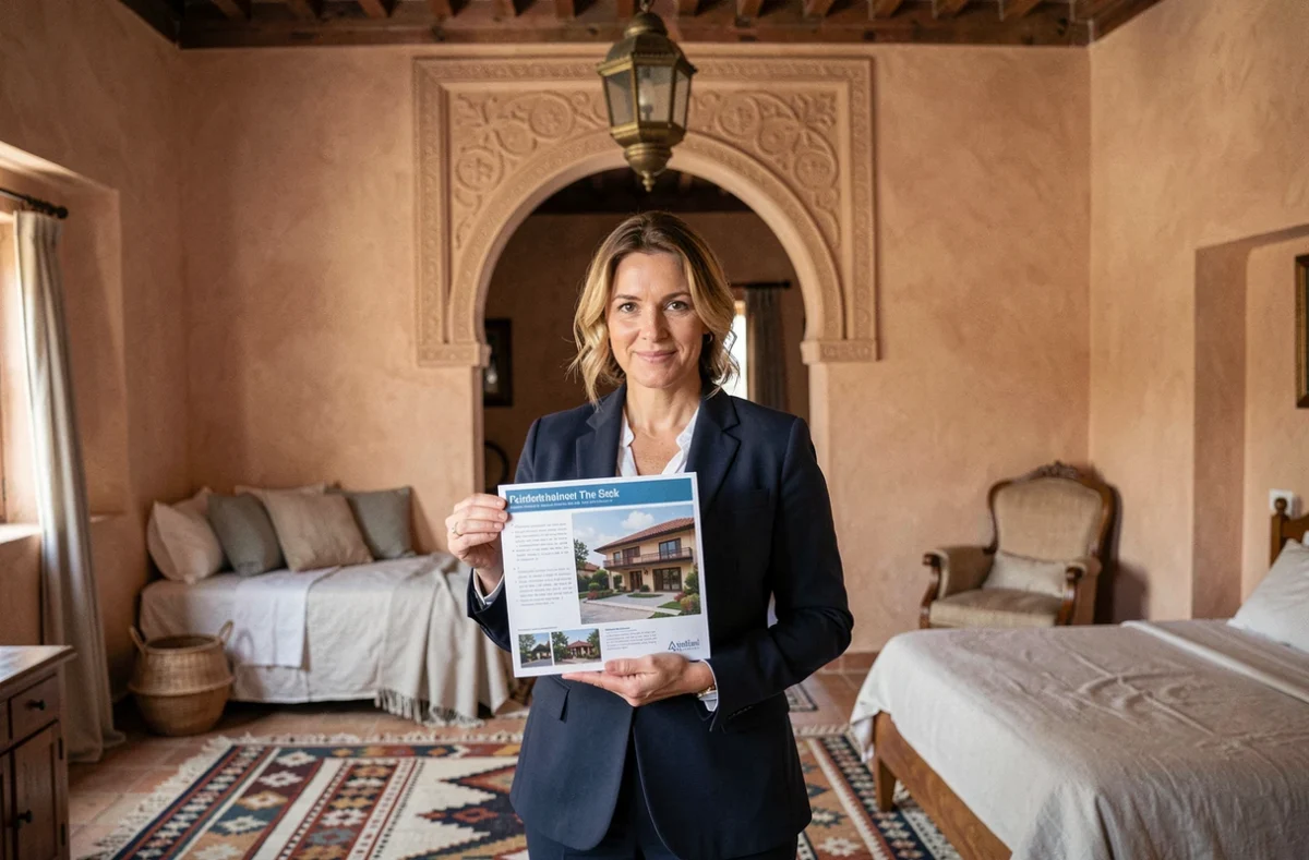 Agente immobilière présentant un riad à vendre à Marrakech avec décoration traditionnelle et potentiel locatif élevé