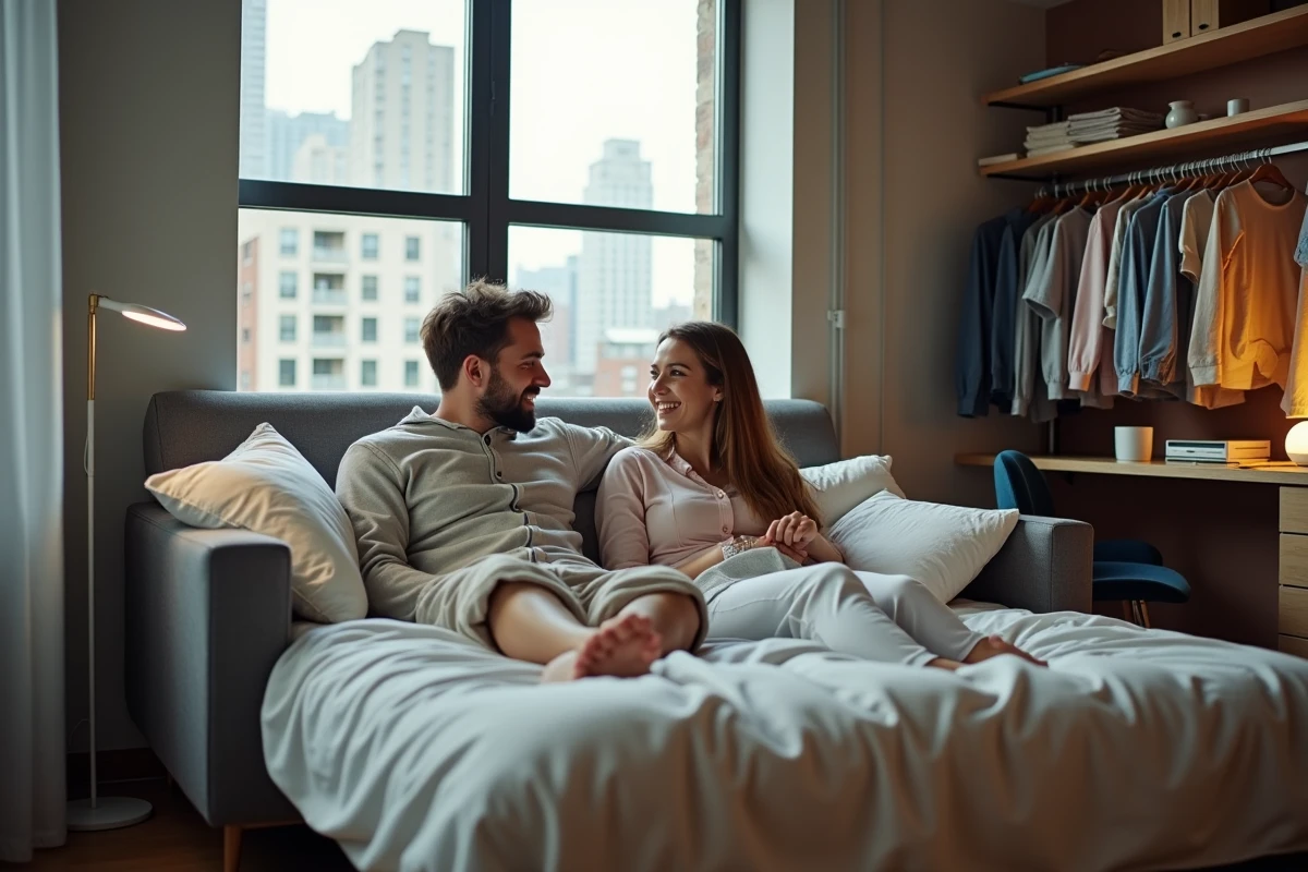 Deux amis détendus discutant dans un studio urbain