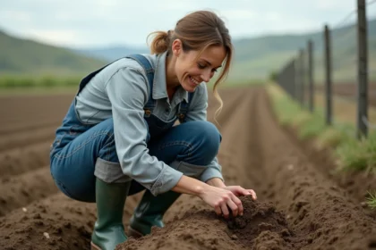 Agricultrice examinant la qualité du sol d'un terrain agricole à louer pour un projet de permaculture