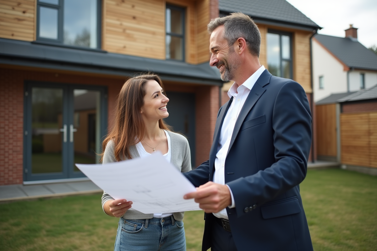 Architecte et propriétaire devant maison moderne en construction