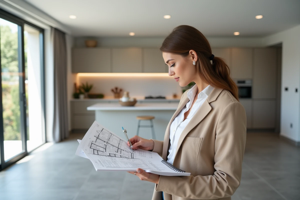 Architecte féminine examinant le plan d'un appartement F3 neuf dans un immeuble résidentiel contemporain