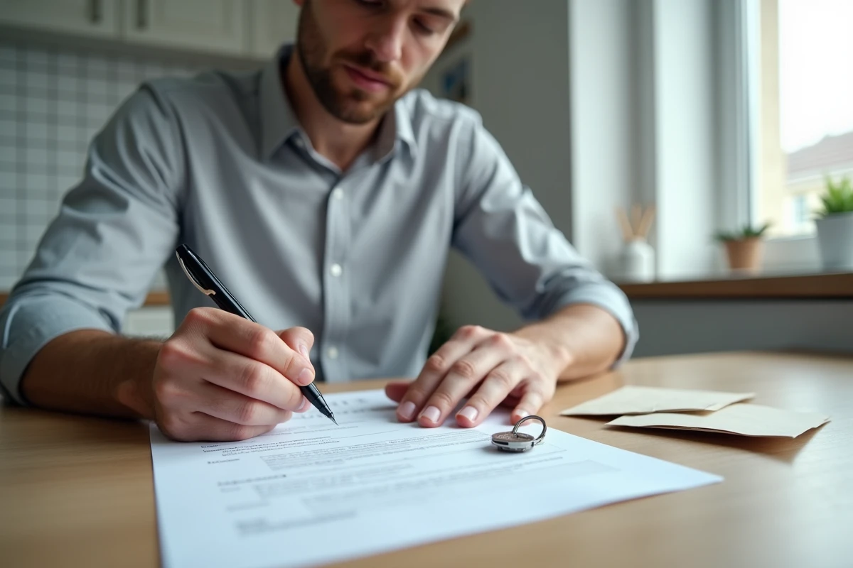 Homme remplissant une attestation de remise de clés à domicile