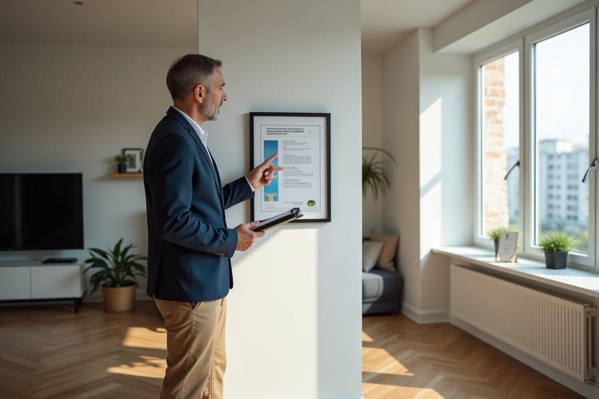 Auditeur energie professionnel montre certificat dans un appartement