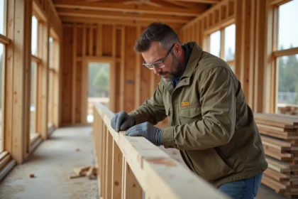 Autoconstruction ossature bois : homme mesurant une poutre en bois sur un chantier d'autoconstruction de maison à ossature bois