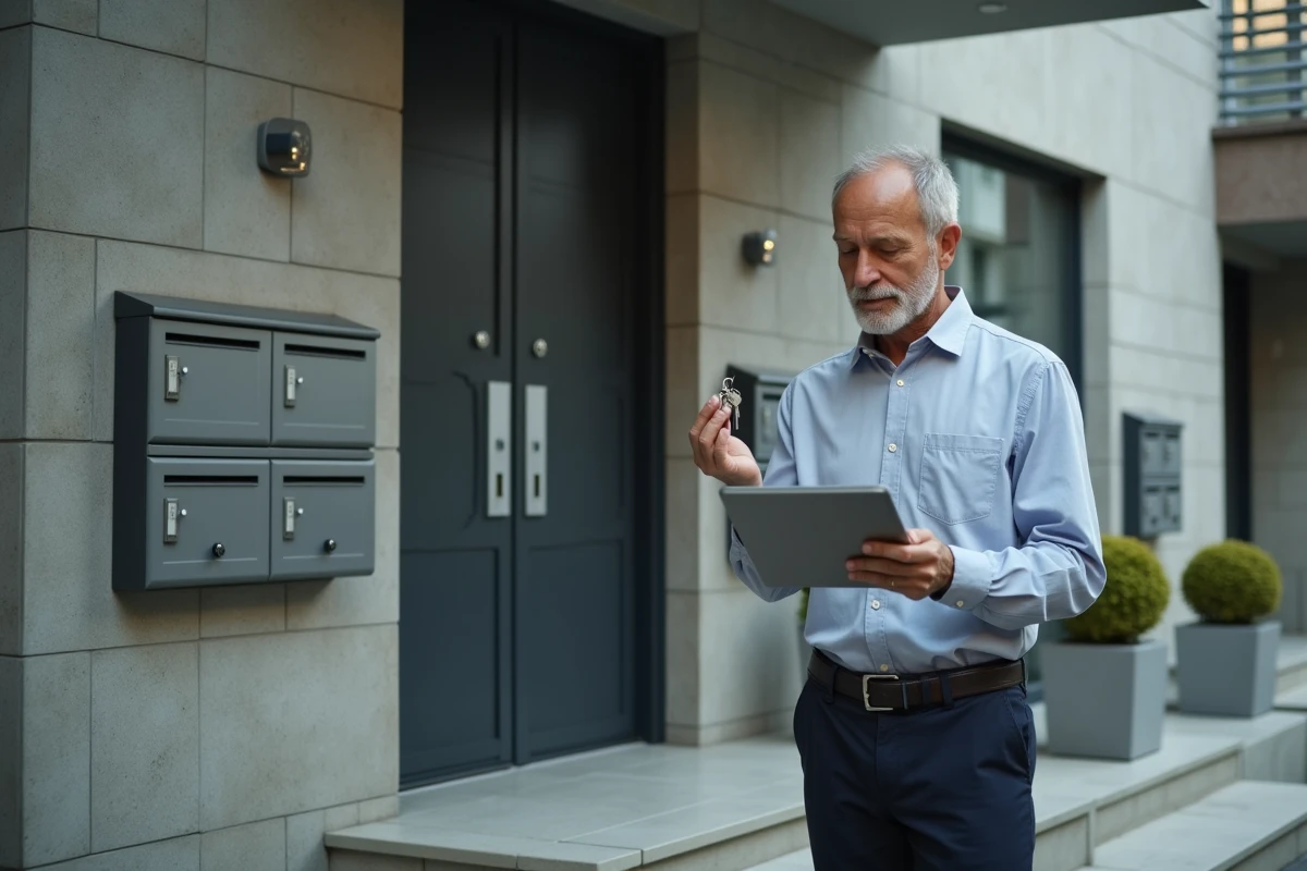 Propriétaire bailleur inspectant son immeuble locatif avec tablette et clés à la main