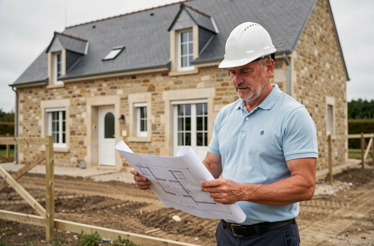 Chef de projet de Berthelot Constructions devant une maison individuelle en cours de finition en Loire-Atlantique