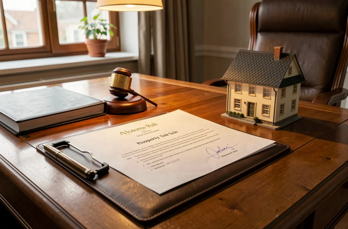 Bureau de notaire avec un acte de vente signé et une maquette de maison