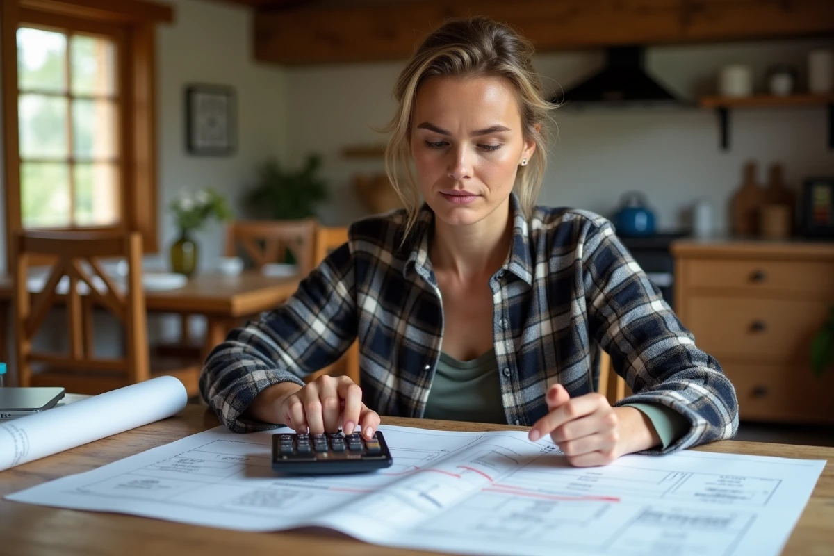 Femme calculant le coût au m2 d'une maison à ossature bois en autoconstruction avec plans et devis sur table