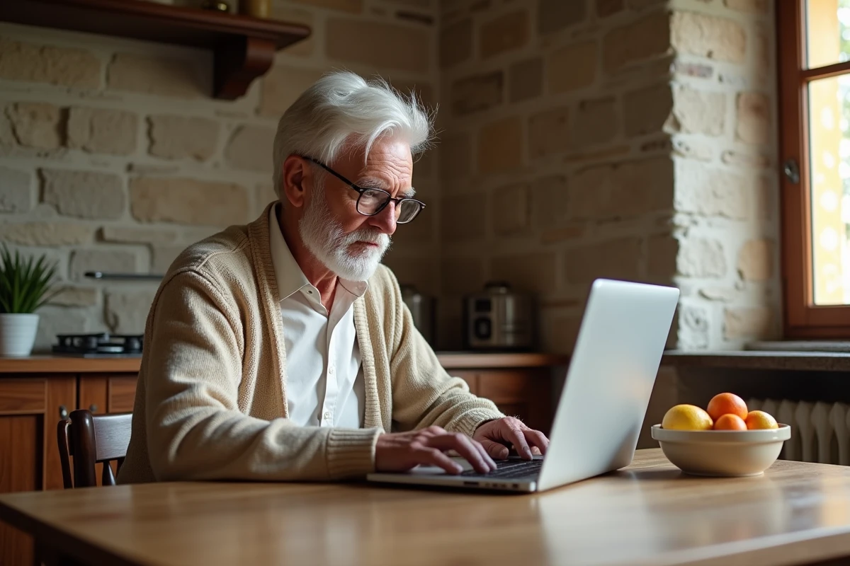 Homme âgé utilisant un simulateur en ligne pour estimer les frais de notaire d'une vente en viager depuis son domicile