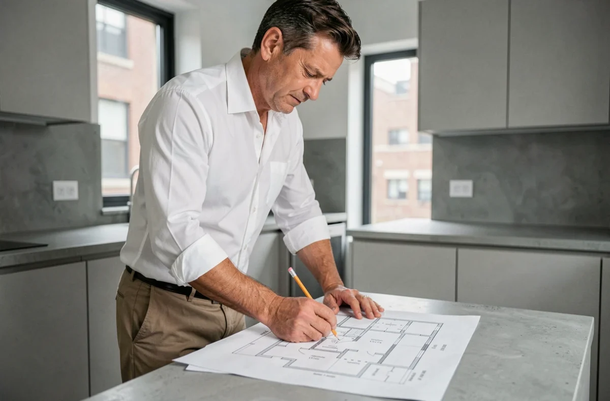 Homme consultant un plan de maison pour calculer les mètres carrés avant un achat