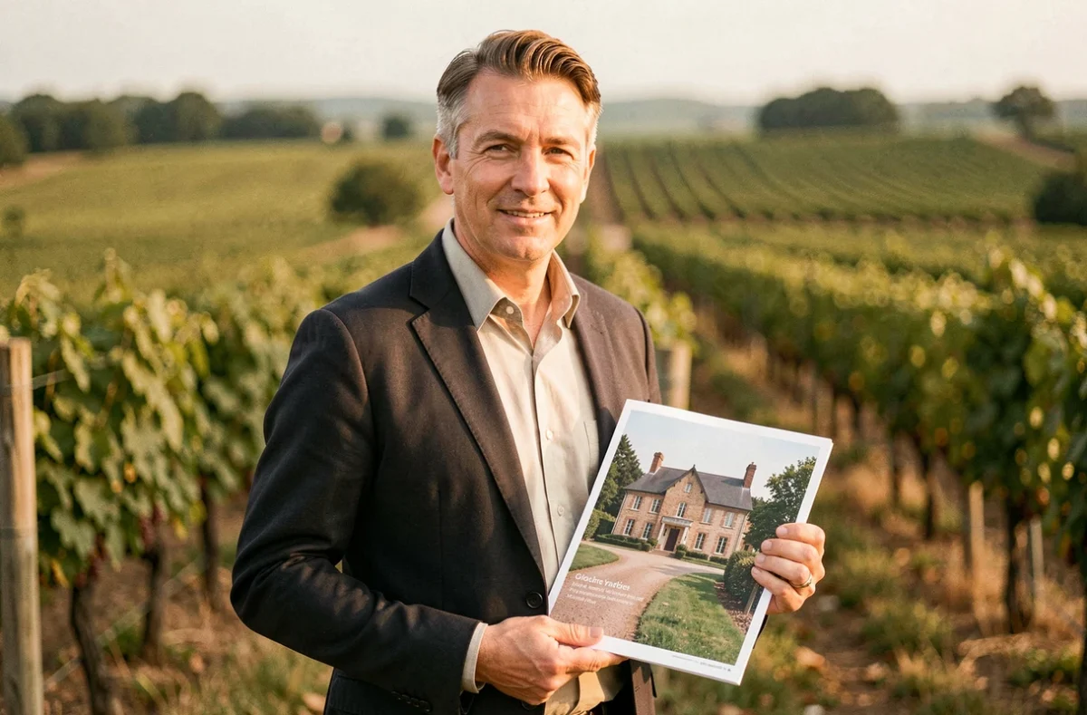 Conseiller Capifrance en Gironde tenant une brochure de propriété rurale devant des rangées de vignes girondines en arrière-plan flou