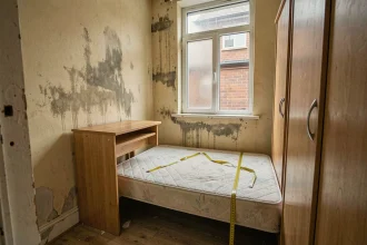 Chambre de location exiguë avec lit simple, bureau étroit et murs humides illustrant le non-respect de la taille minimum légale