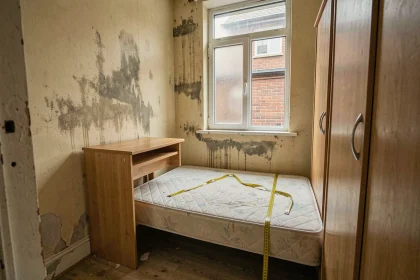 Chambre de location exiguë avec lit simple, bureau étroit et murs humides illustrant le non-respect de la taille minimum légale