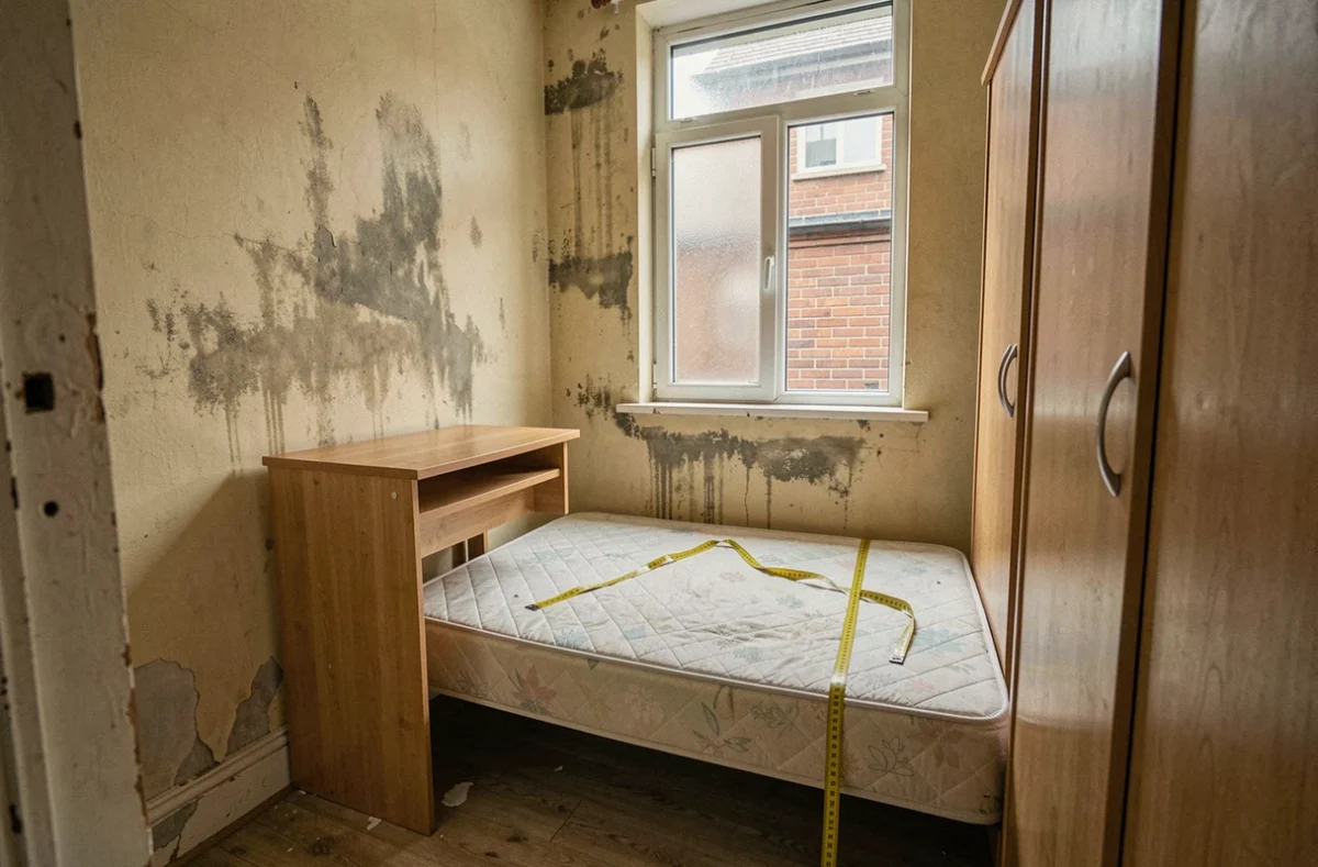 Chambre de location exiguë avec lit simple, bureau étroit et murs humides illustrant le non-respect de la taille minimum légale