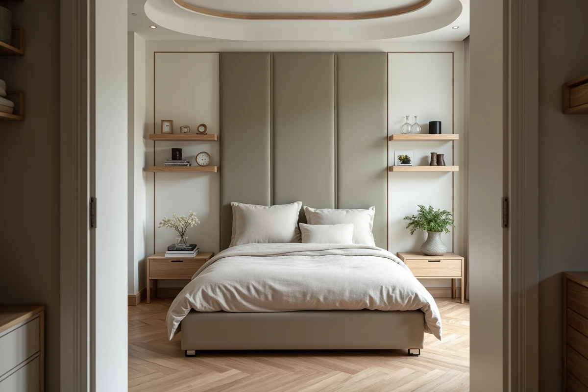 Chambre optimisée dans un T2 avec rangements intégrés sous le lit, miroirs coulissants et tête de lit rembourrée