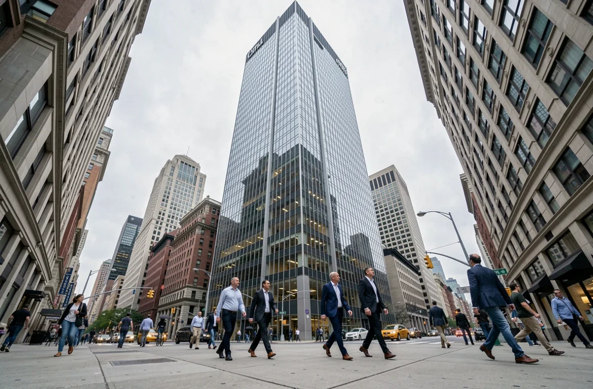 Vue depuis la rue Dearborn vers la façade en verre du Citadel Center à Chicago, mettant en valeur sa hauteur imposante