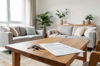 Clés et contrat de location posés sur une table de salon lumineux