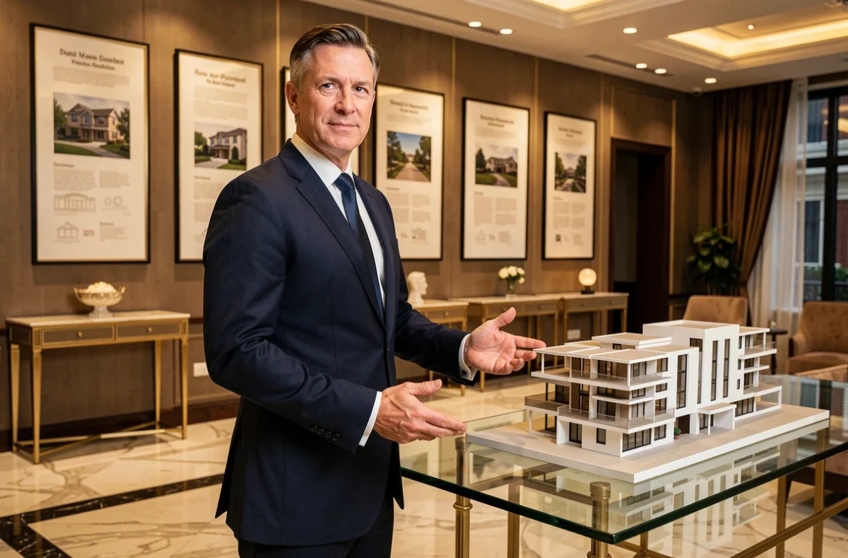 Agent immobilier de luxe de Coldwell Banker Immoba Prestige Bordeaux dans un showroom haut de gamme avec décor en marbre et listings de propriétés