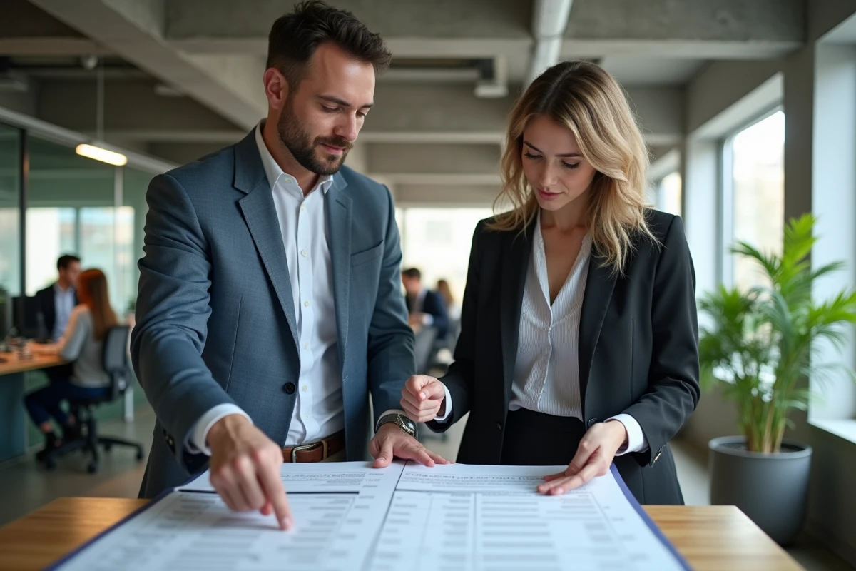 Deux collègues examinant ensemble un modèle de pré-état daté imprimé dans un espace de coworking