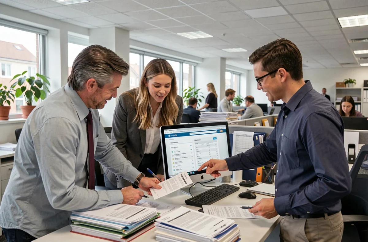 Groupe de collègues en entreprise discutant d'un dossier de demande de logement social pour salariés