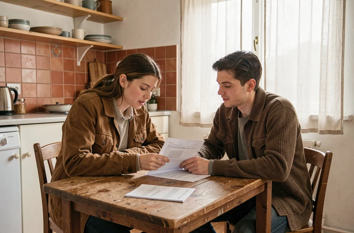 Deux jeunes colocataires signant un contrat de location entre particuliers dans un petit appartement meublé