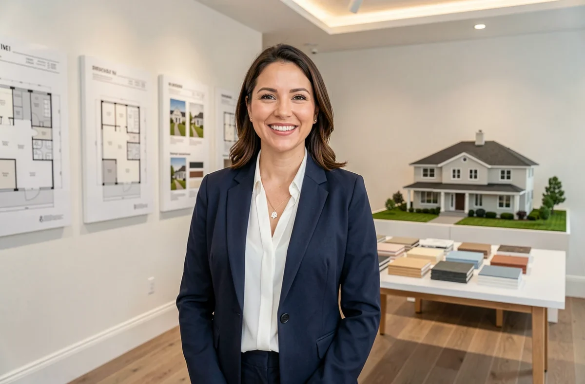 Conseillère commerciale de Coméca les maisons présentant des plans de maisons dans un espace de vente
