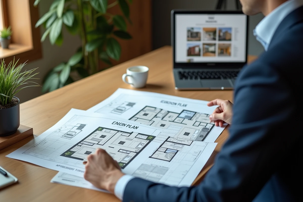 Agent immobilier comparant les plans de deux appartements F3 ancien et neuf posés sur son bureau en agence