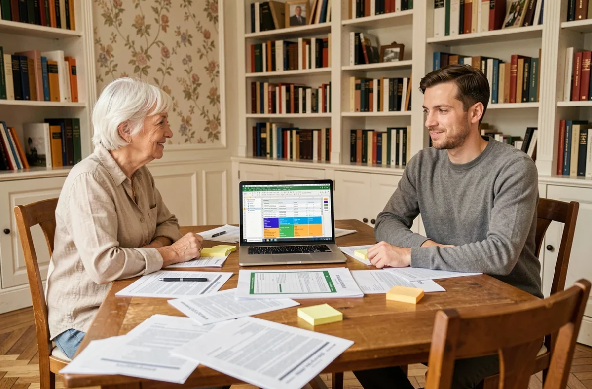 Femme âgée et conseiller comparant des profils de vendeurs sur un simulateur viager Excel